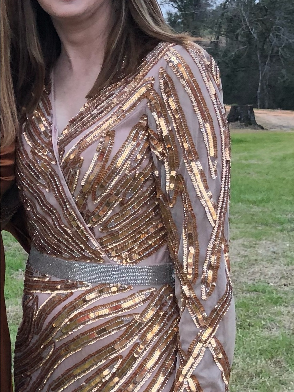 Mac Duggal Gold Sequin Long Sleeve Evening Dress